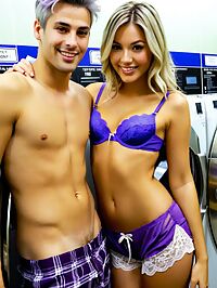 A man in plaid shorts excitedly awaits his blonde haired date at the laundromat